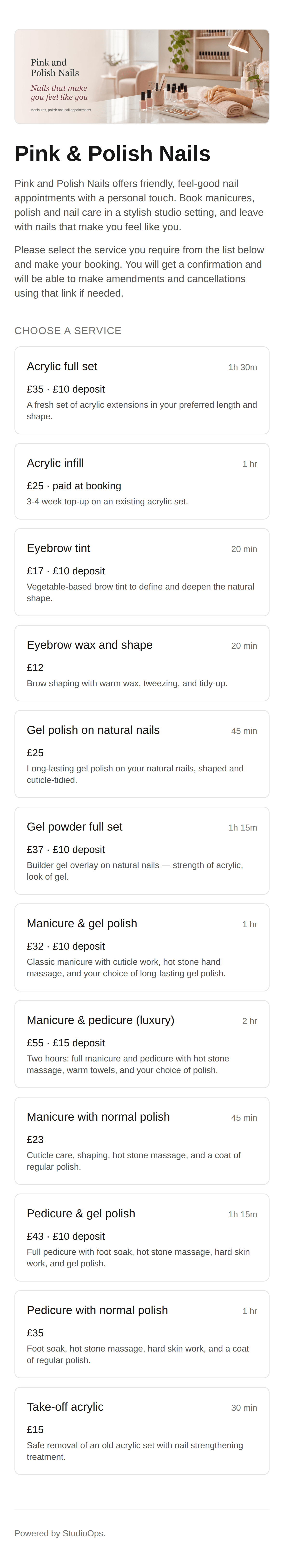 The demo Pink and Polish Nails booking page on a mobile phone — banner image, service list with prices, and slot picker.