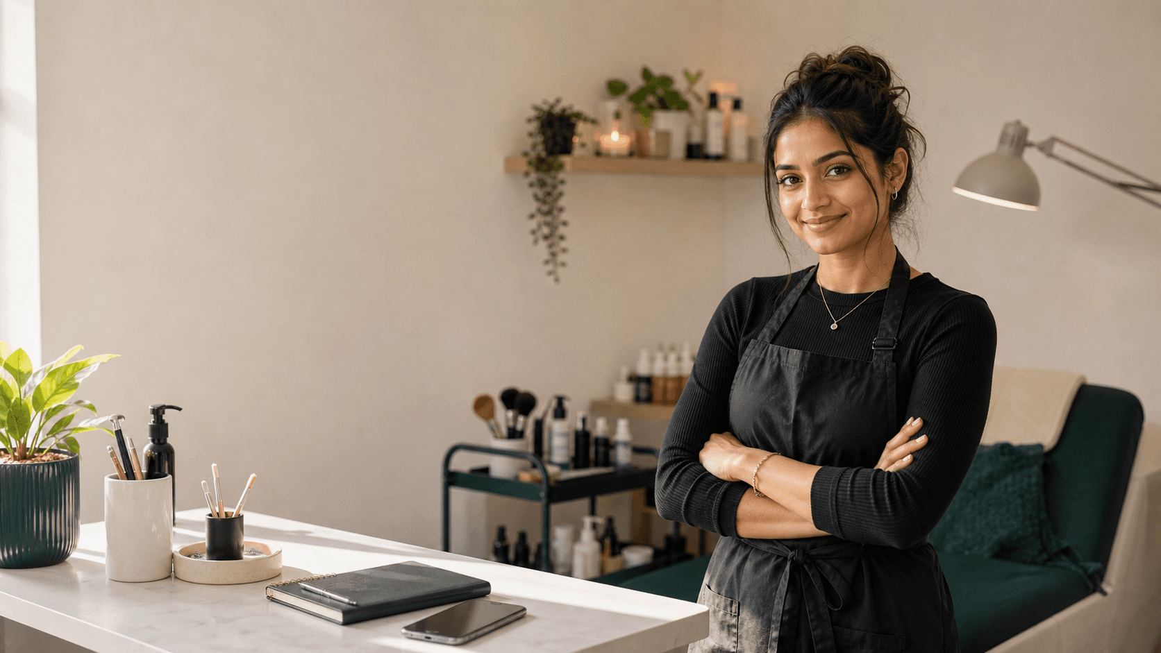 A young studio owner standing proudly in her growing studio.