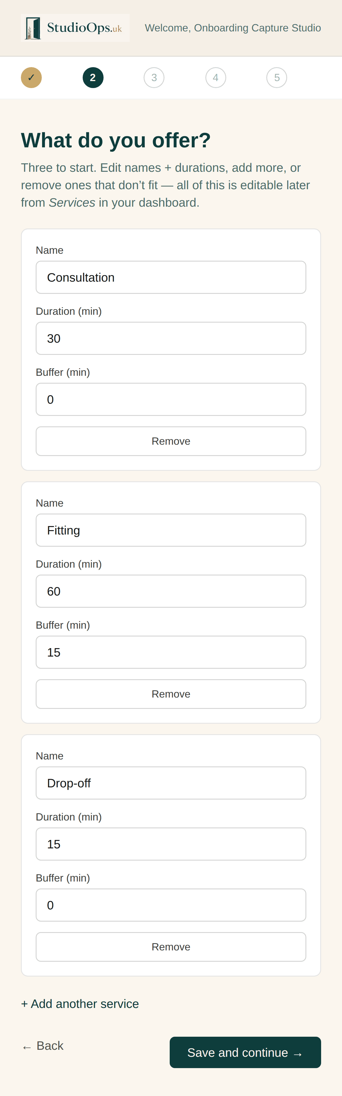Adding a service in StudioOps — name, duration, price, deposit toggle.