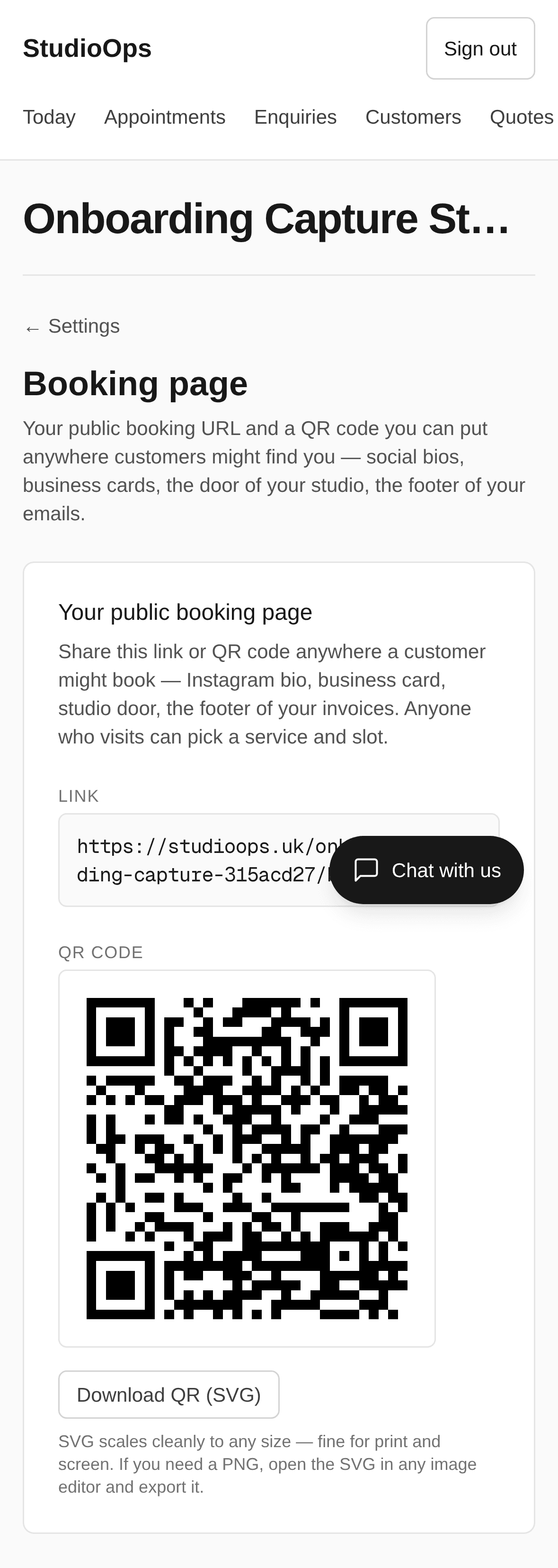 Sharing your studio booking page by email, WhatsApp, SMS, or QR code.