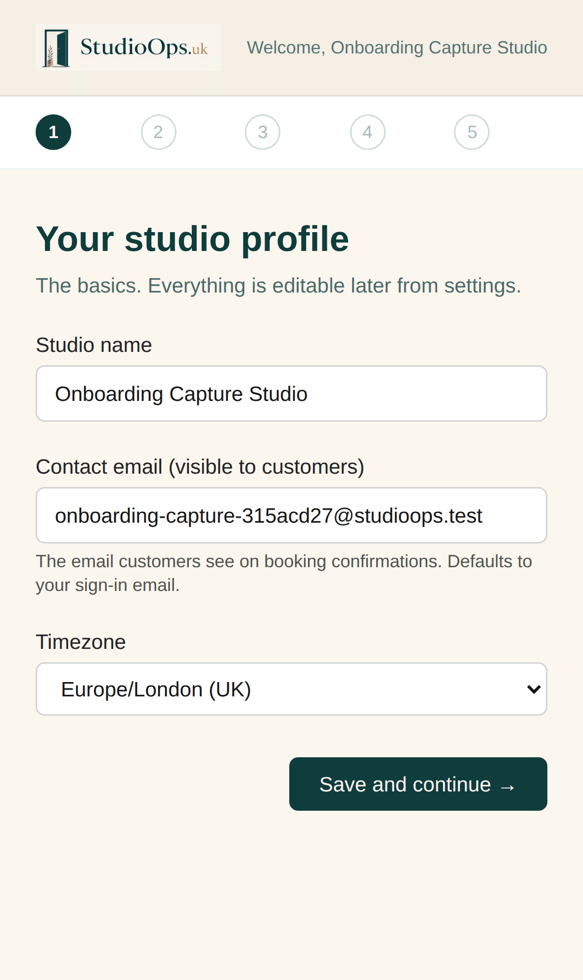 StudioOps sign-up screen — choose your industry and studio name.