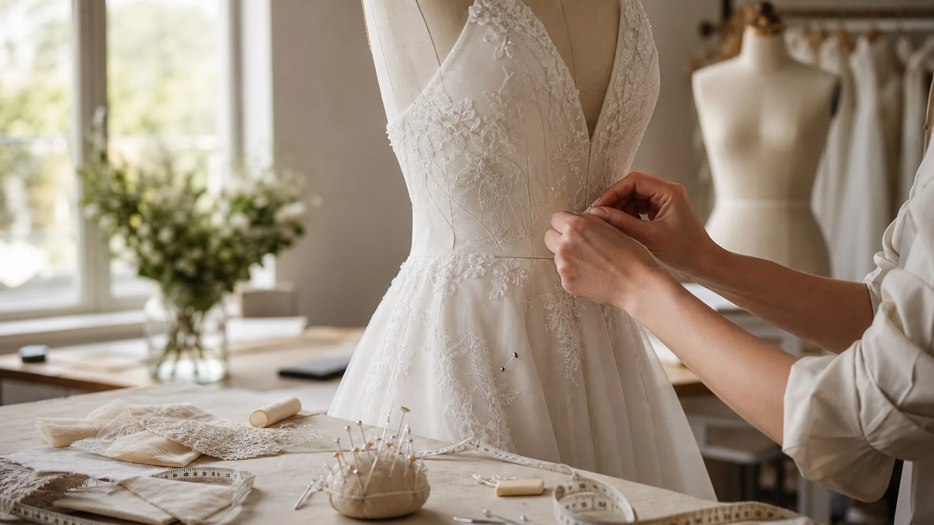 Seamstress pinning a bridal hem in a tidy alterations studio.