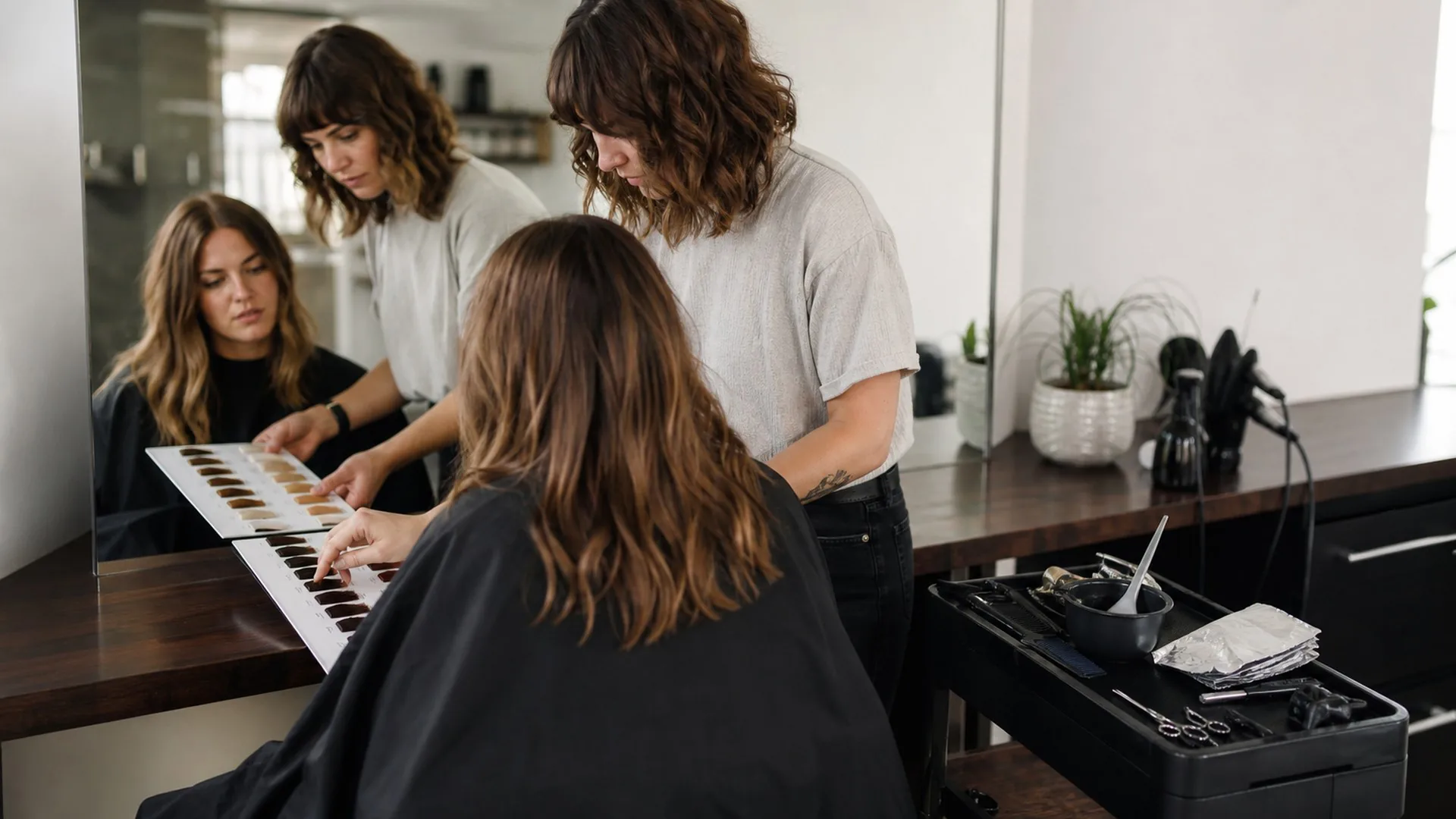Hair stylist discussing colour options with a client in a contemporary salon mirror.