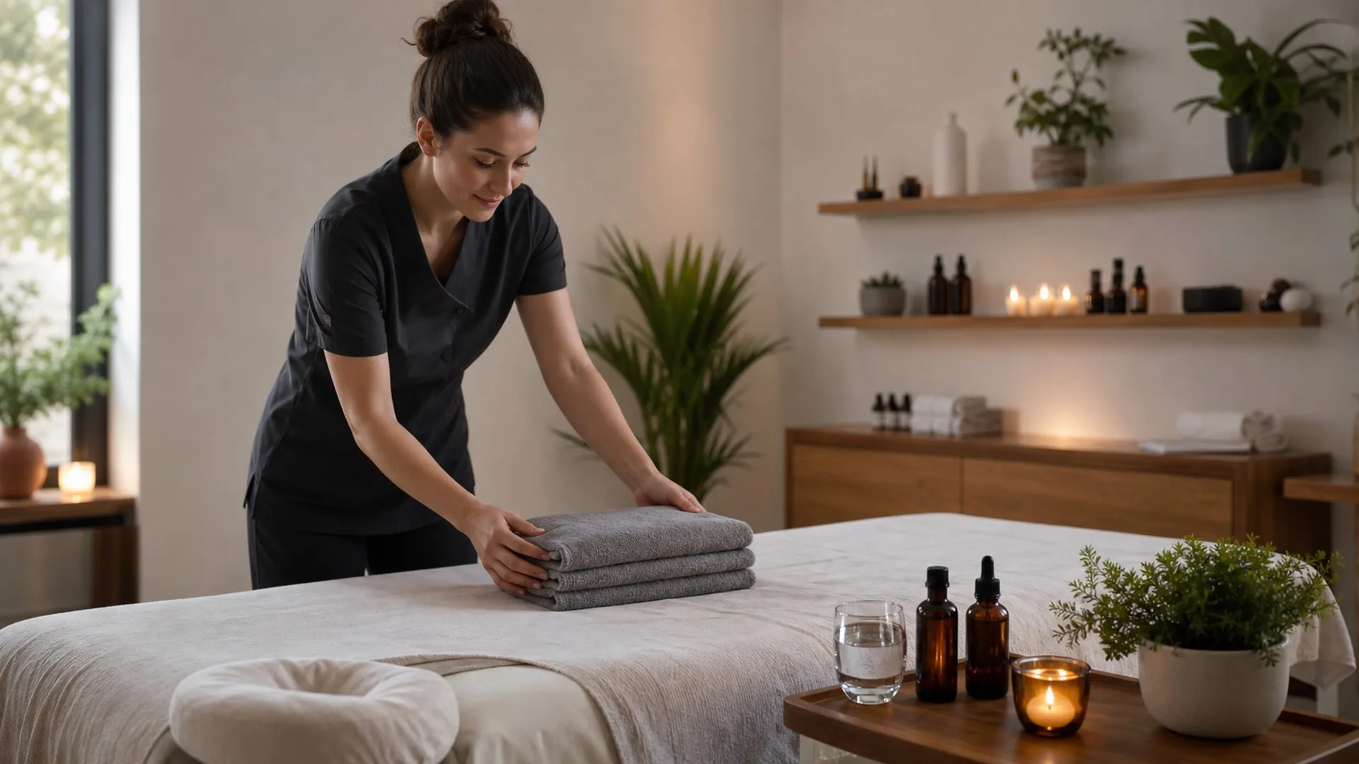Tidy massage treatment room with folded towels, oils and appointment notes.